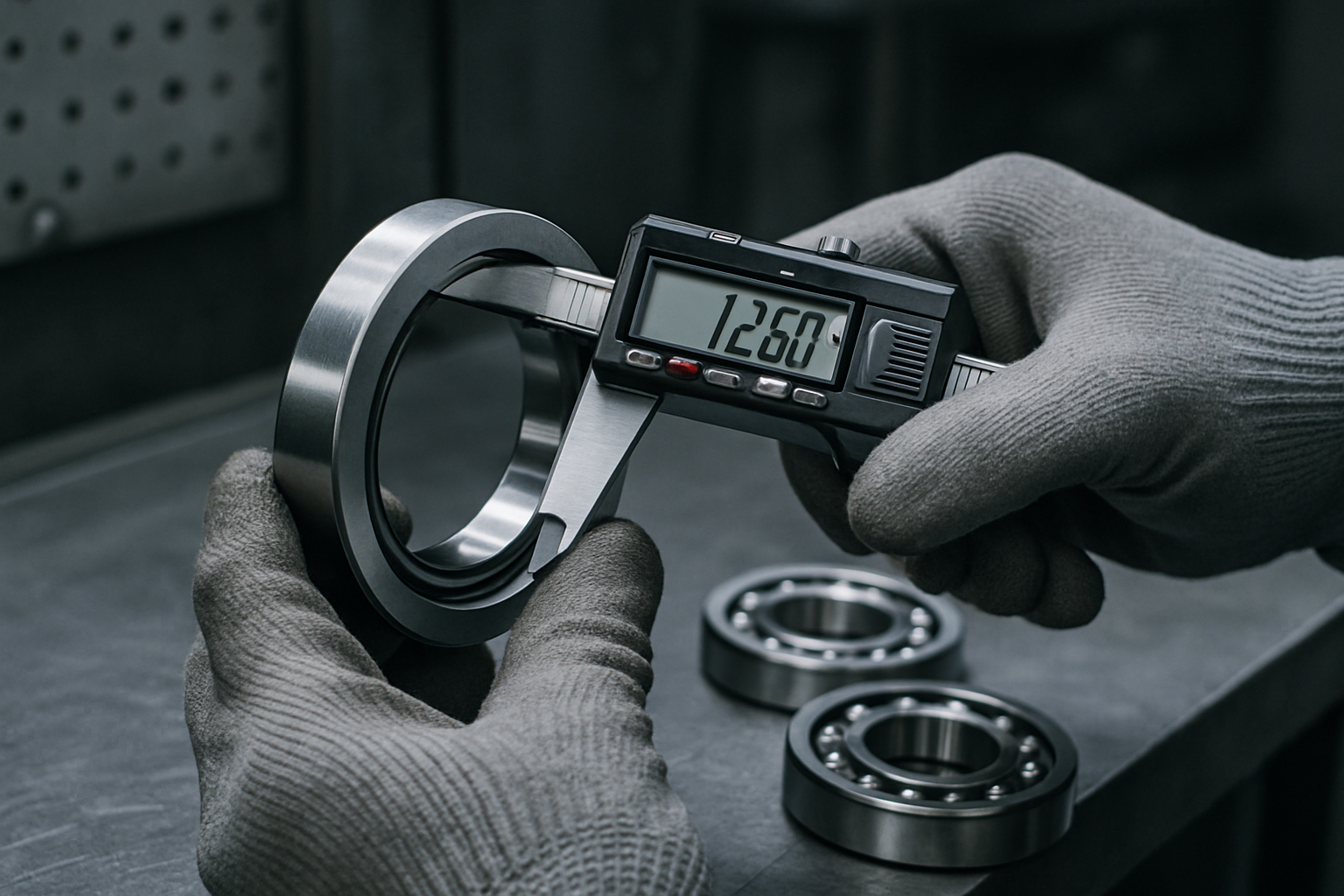 Inspector measuring deep groove ball bearing dimensions using calibrated precision gauges on the production floor