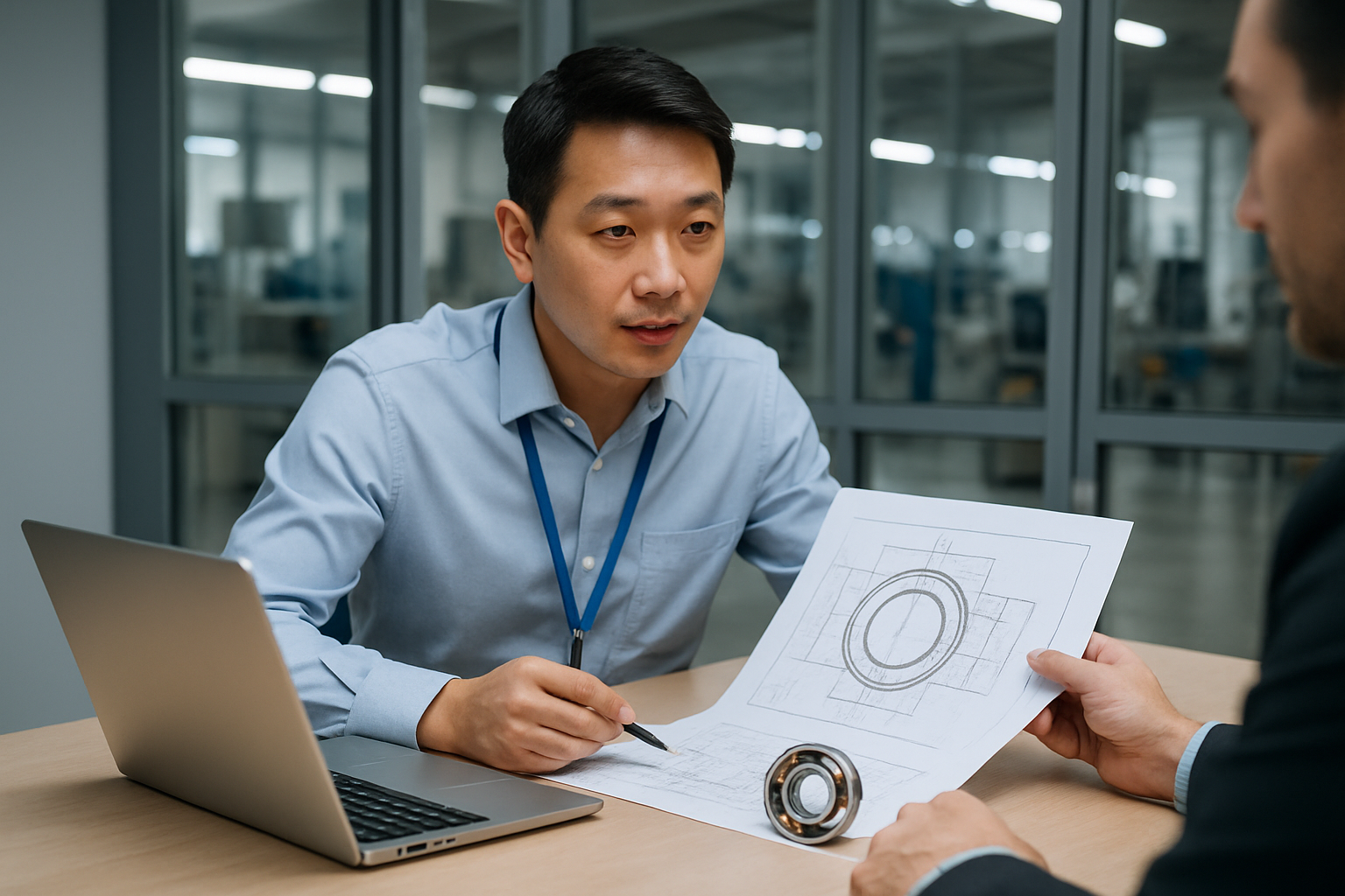 Sales and application support specialist discussing bearing specifications and shipment planning with an industrial buyer