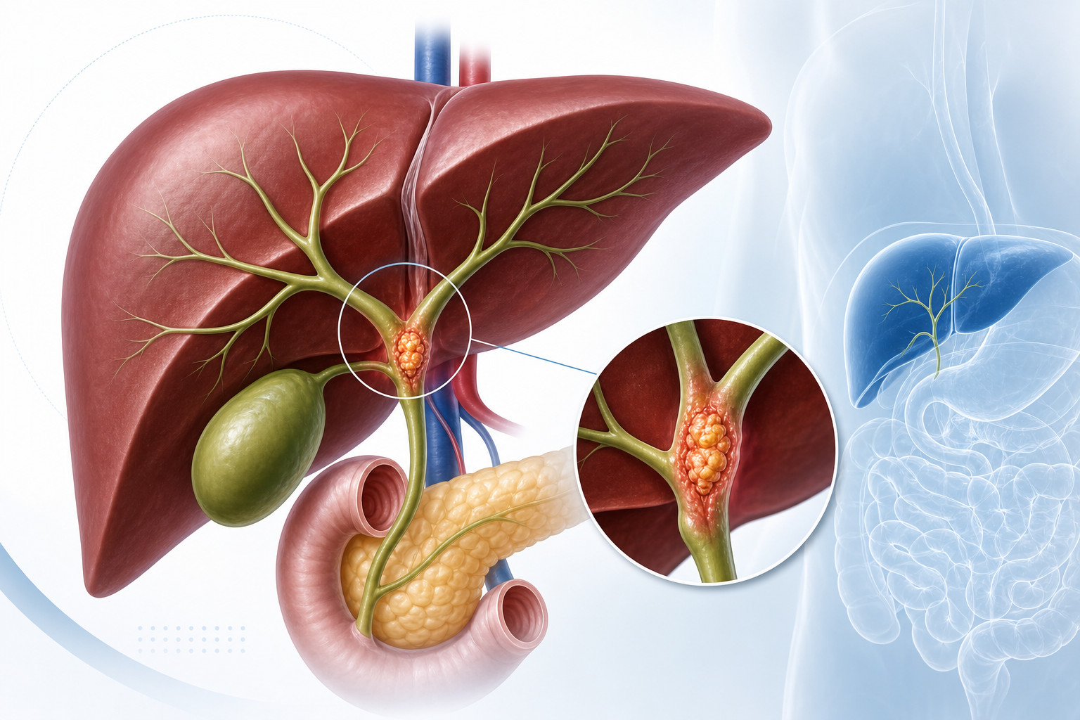 Clinical medical illustration of the liver and bile ducts with a highlighted bile duct tumor area