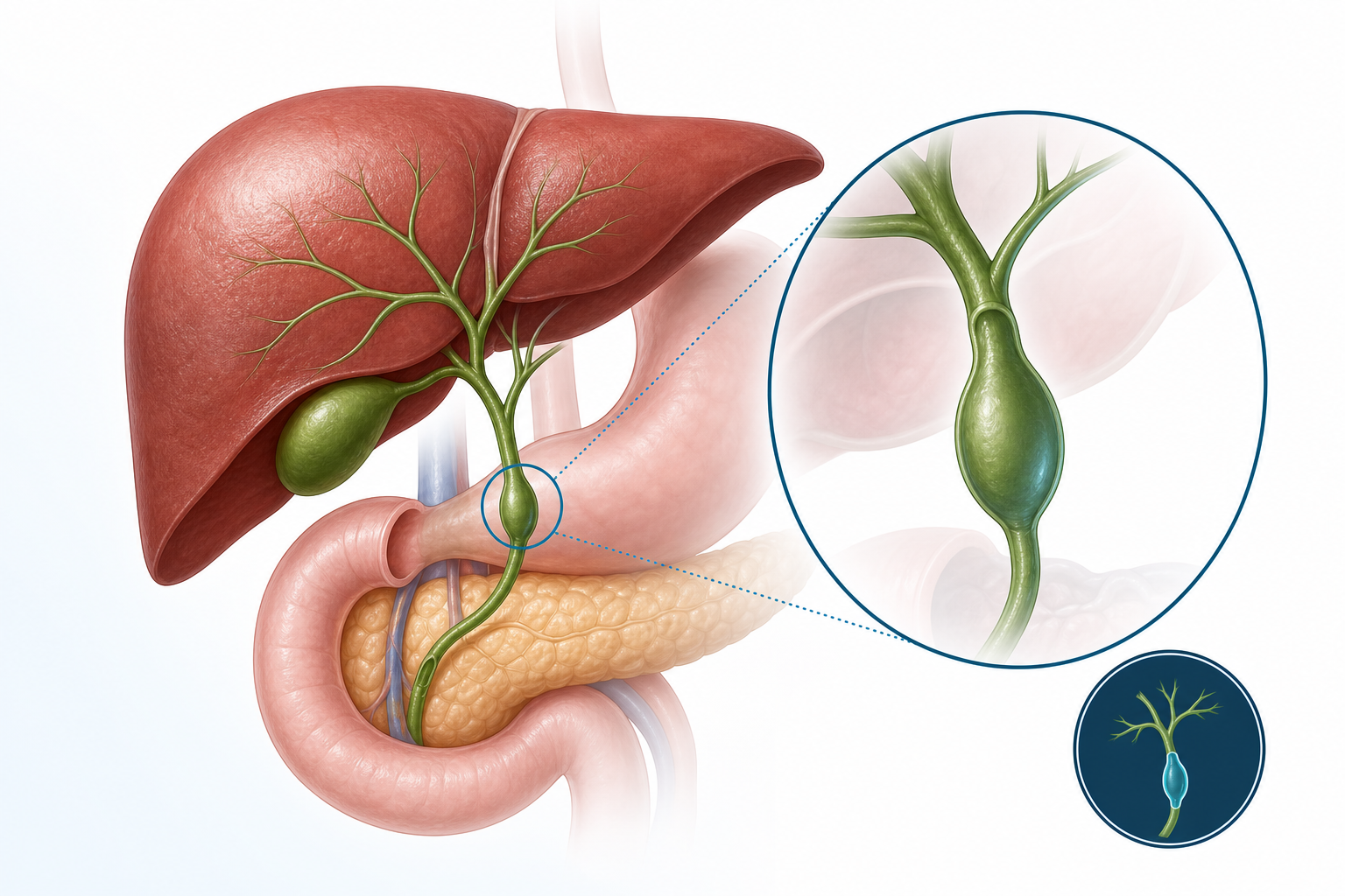 Medical illustration of the liver, gallbladder, and bile duct highlighting a choledochal cyst segment