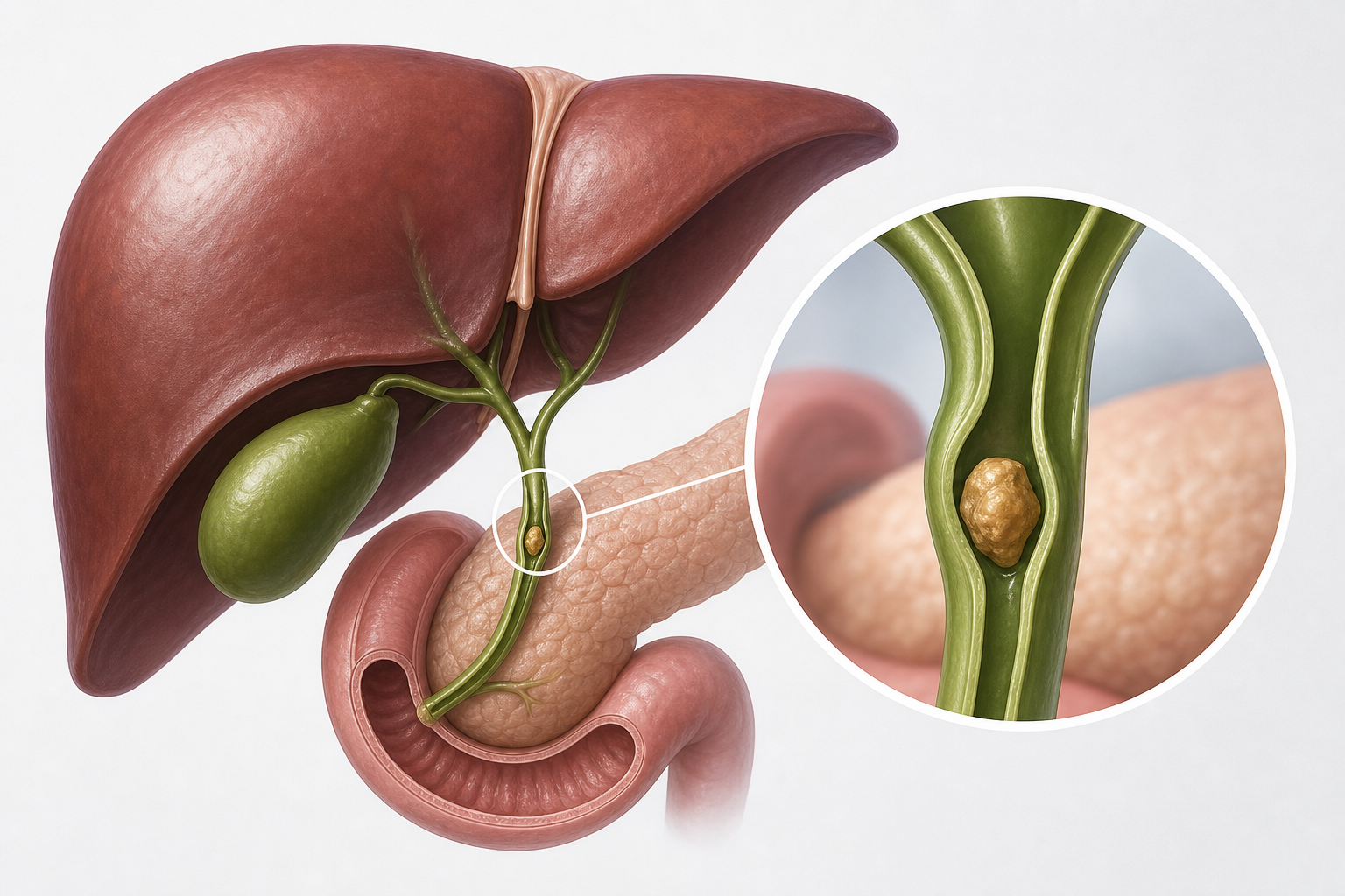 Clinical illustration showing the liver, gallbladder, bile duct, and a bile duct stone causing obstruction