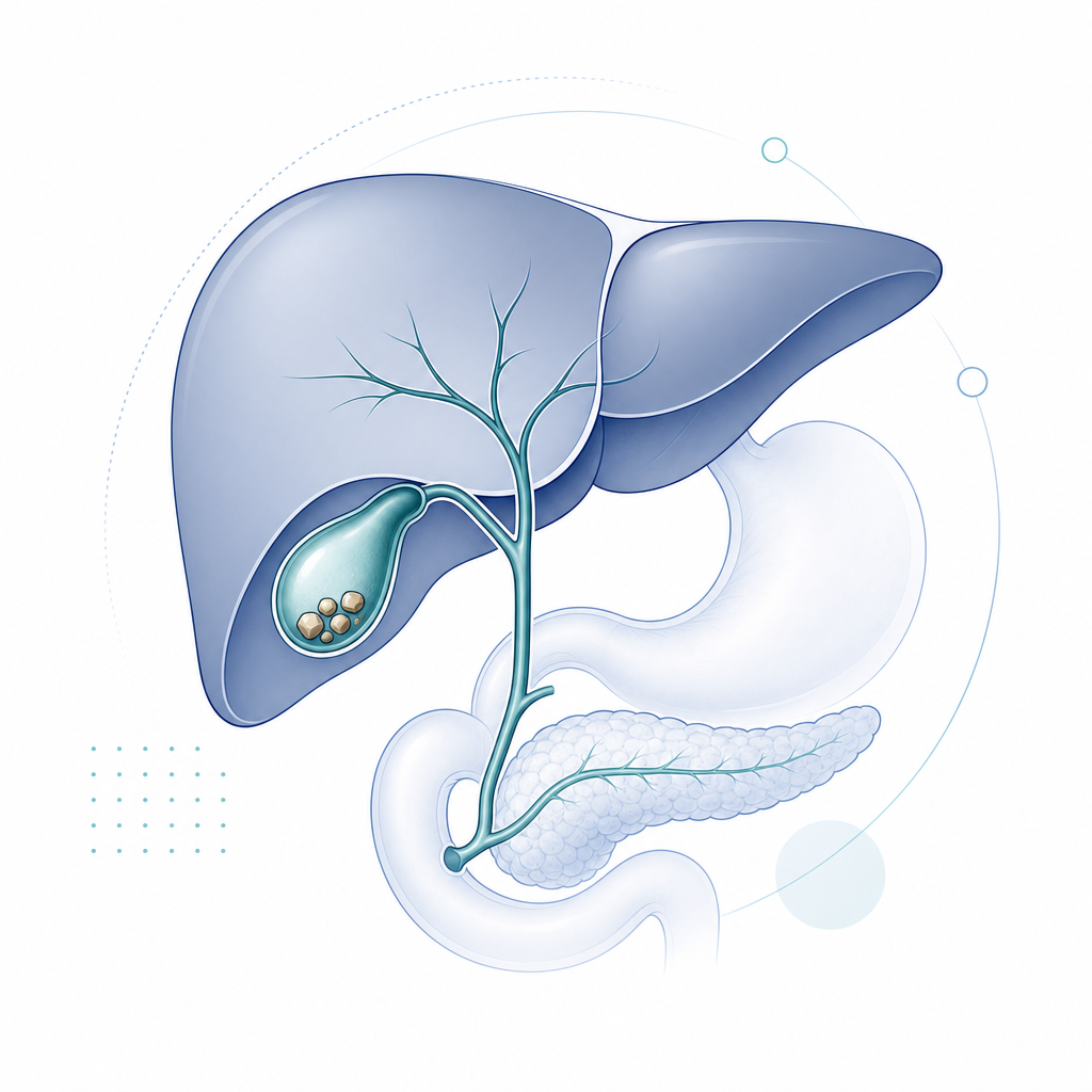 Minimal medical illustration of the upper digestive system showing liver, gallbladder, and bile duct pathway with subtle highlight markers