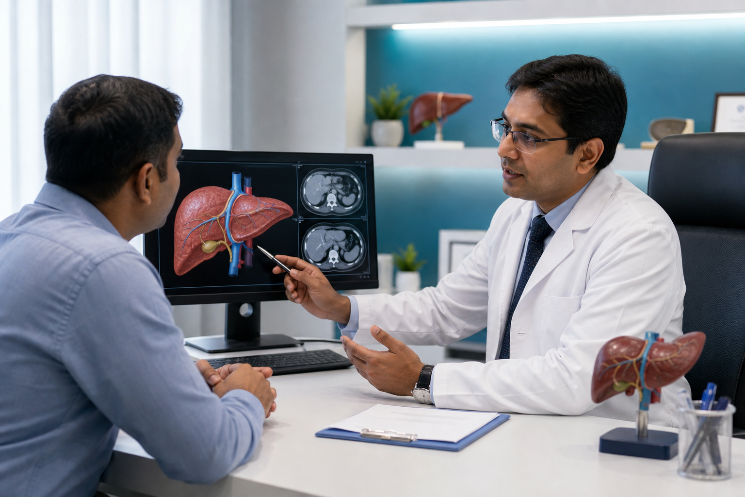 Clinical liver-care consultation visual with doctor reviewing abdominal scan results