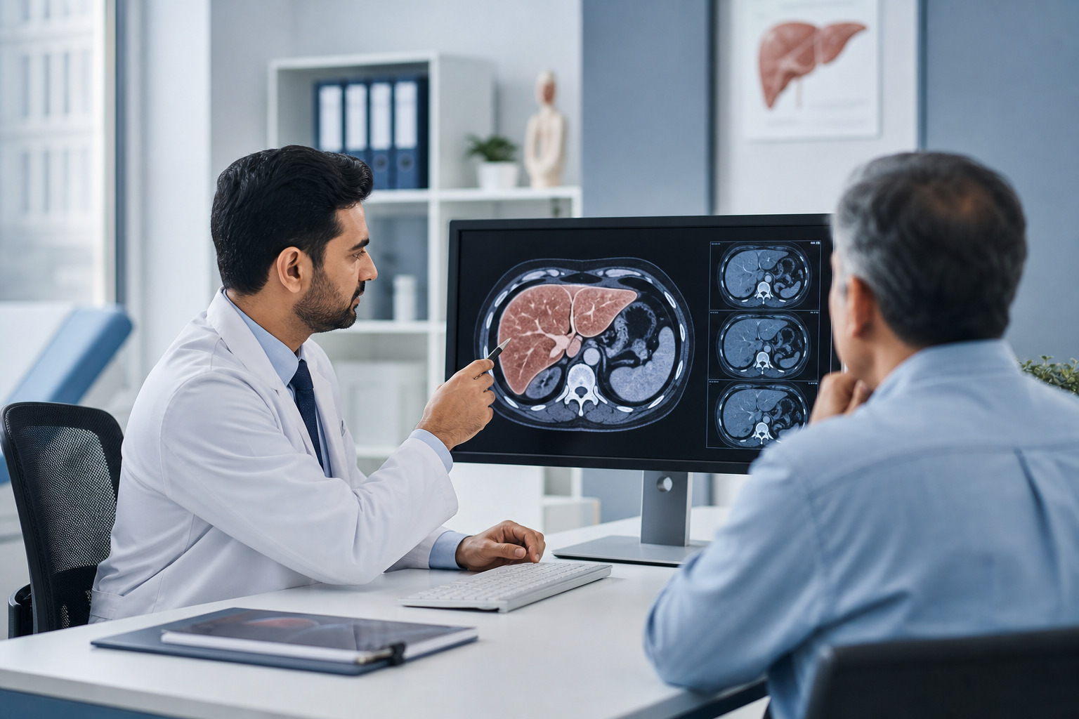 Clinical liver-care illustration with doctor reviewing liver imaging on a monitor