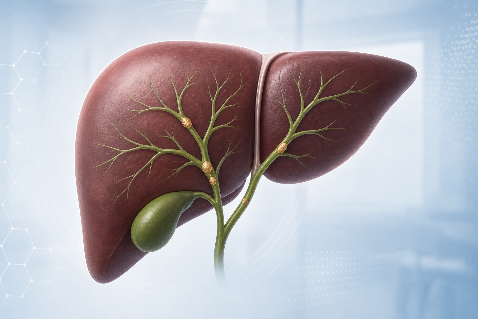 Clinical illustration of a liver and intrahepatic bile ducts with highlighted stone locations in a clean medical setting