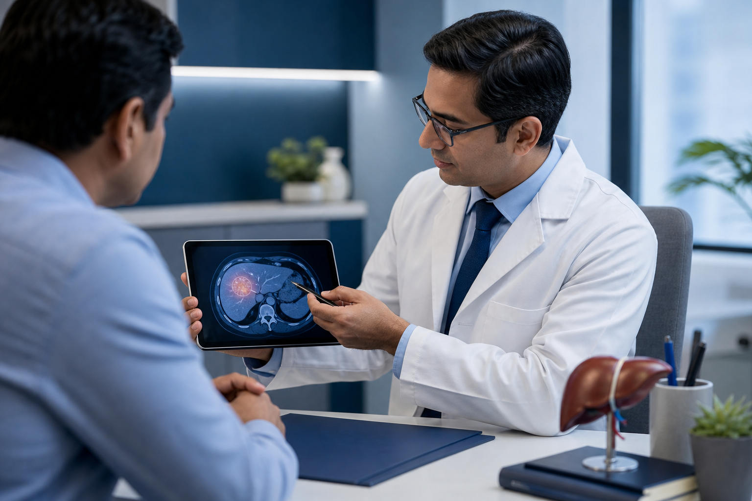 Clinical liver-care illustration showing a doctor reviewing liver imaging with a highlighted cyst area