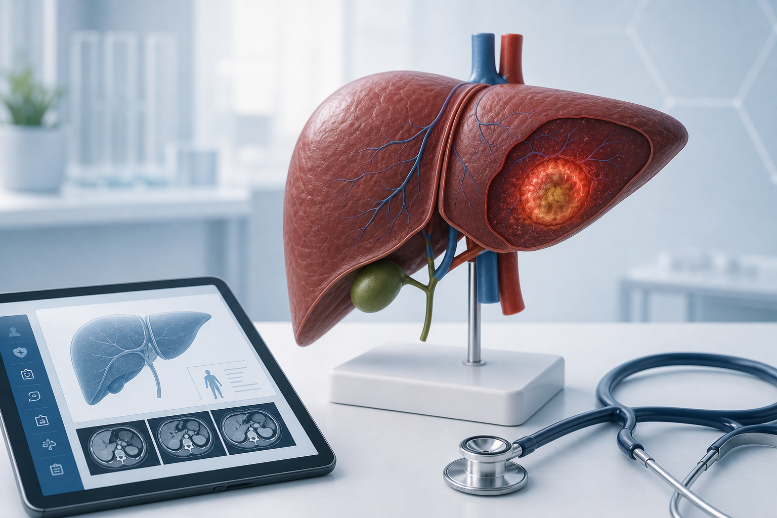medical illustration of the human liver with a highlighted localized abscess area and subtle clinical background
