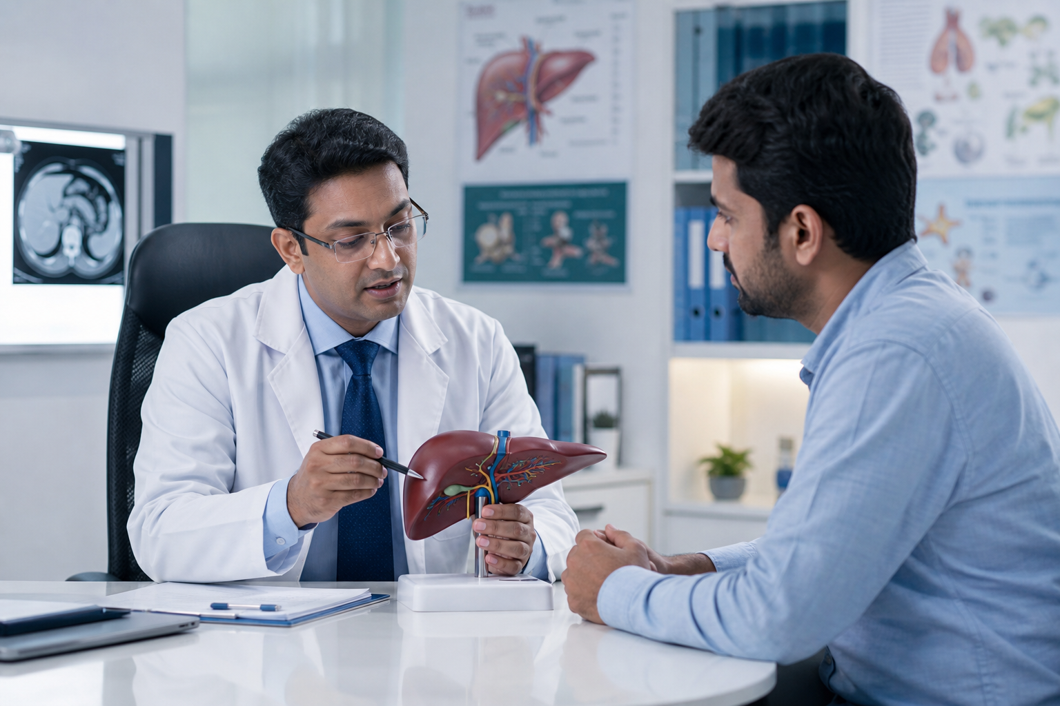 Medical consultation scene with a liver anatomy model and clinician discussing liver care with a patient