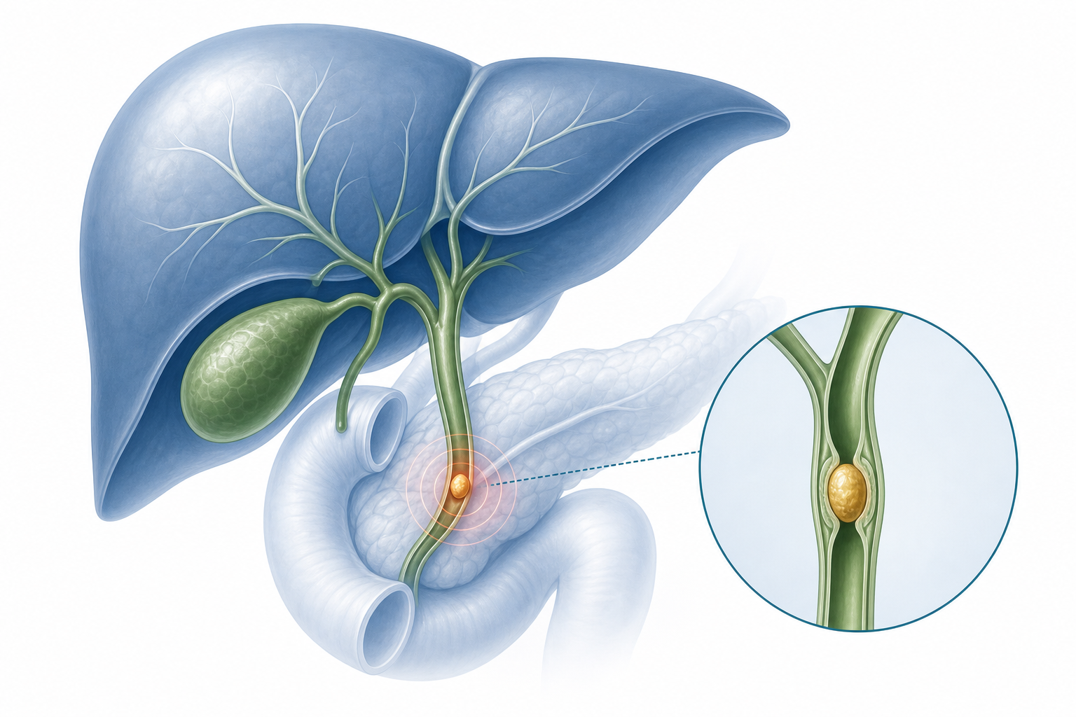 Medical illustration of the liver, gallbladder, and bile duct showing bile flow blockage