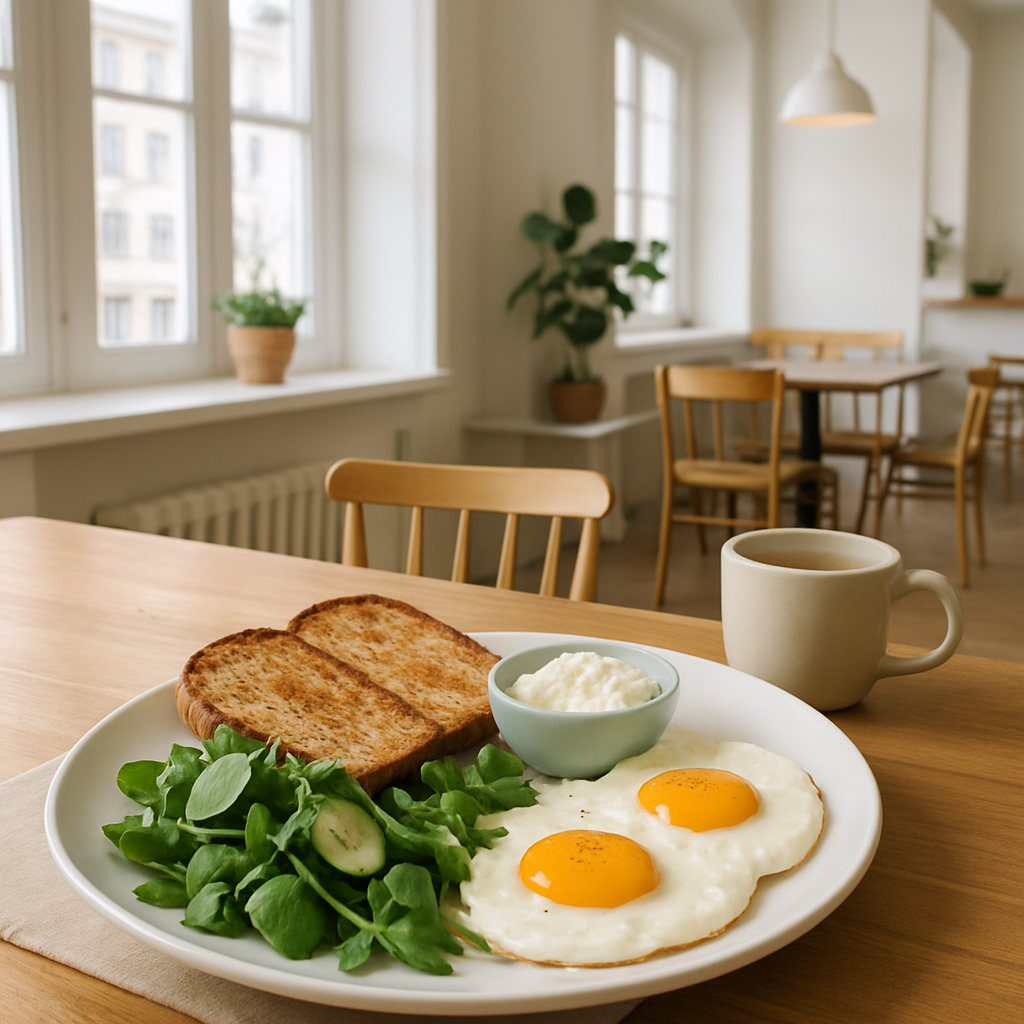 Nordic-inspired breakfast plate with eggs, toast, and greens on a wood table