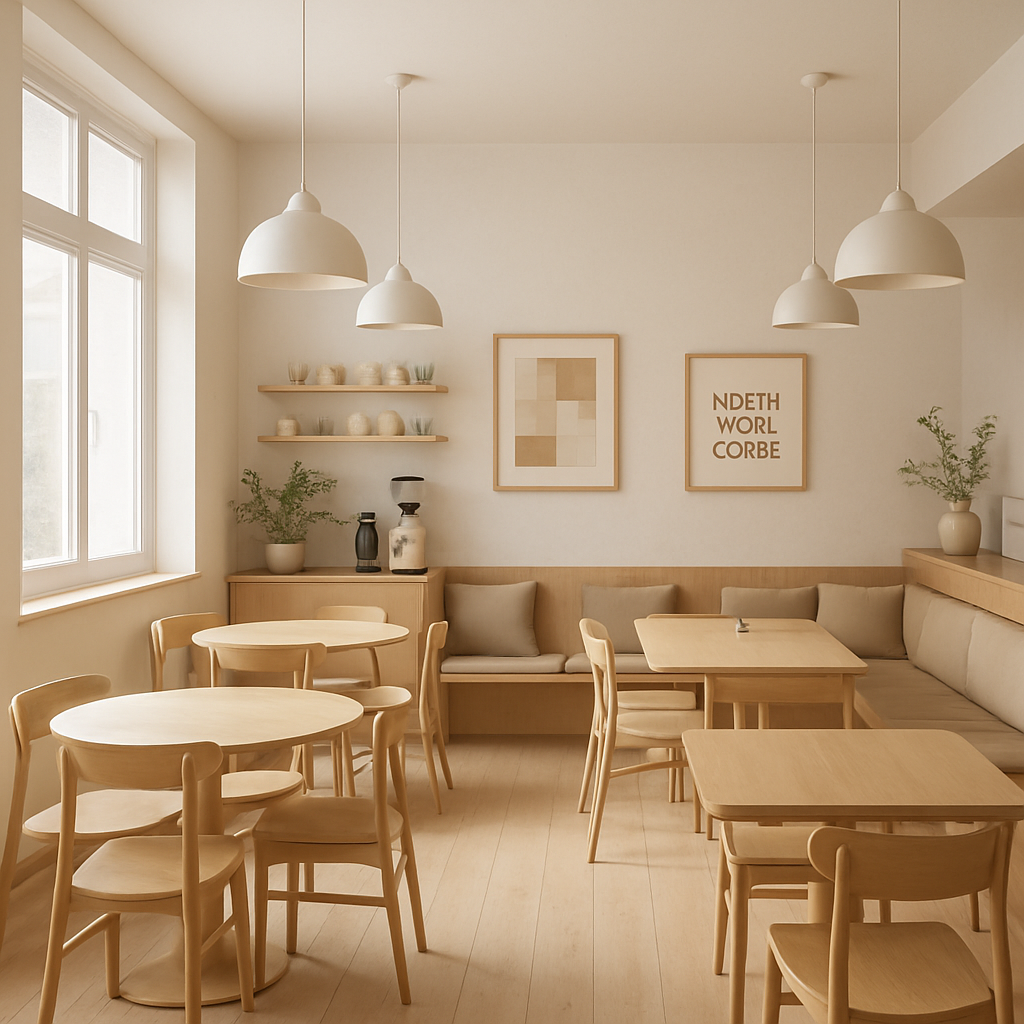 Cozy Scandinavian-style North Dock Coffee interior with light wood, soft lighting, and cafe seating