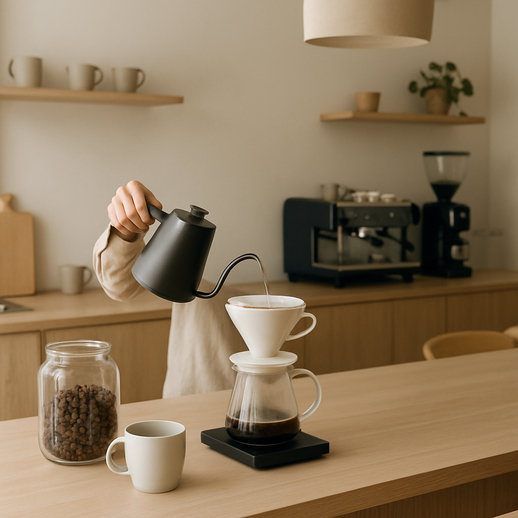 Pour-over coffee being prepared in a Scandinavian-style setting with clean lines