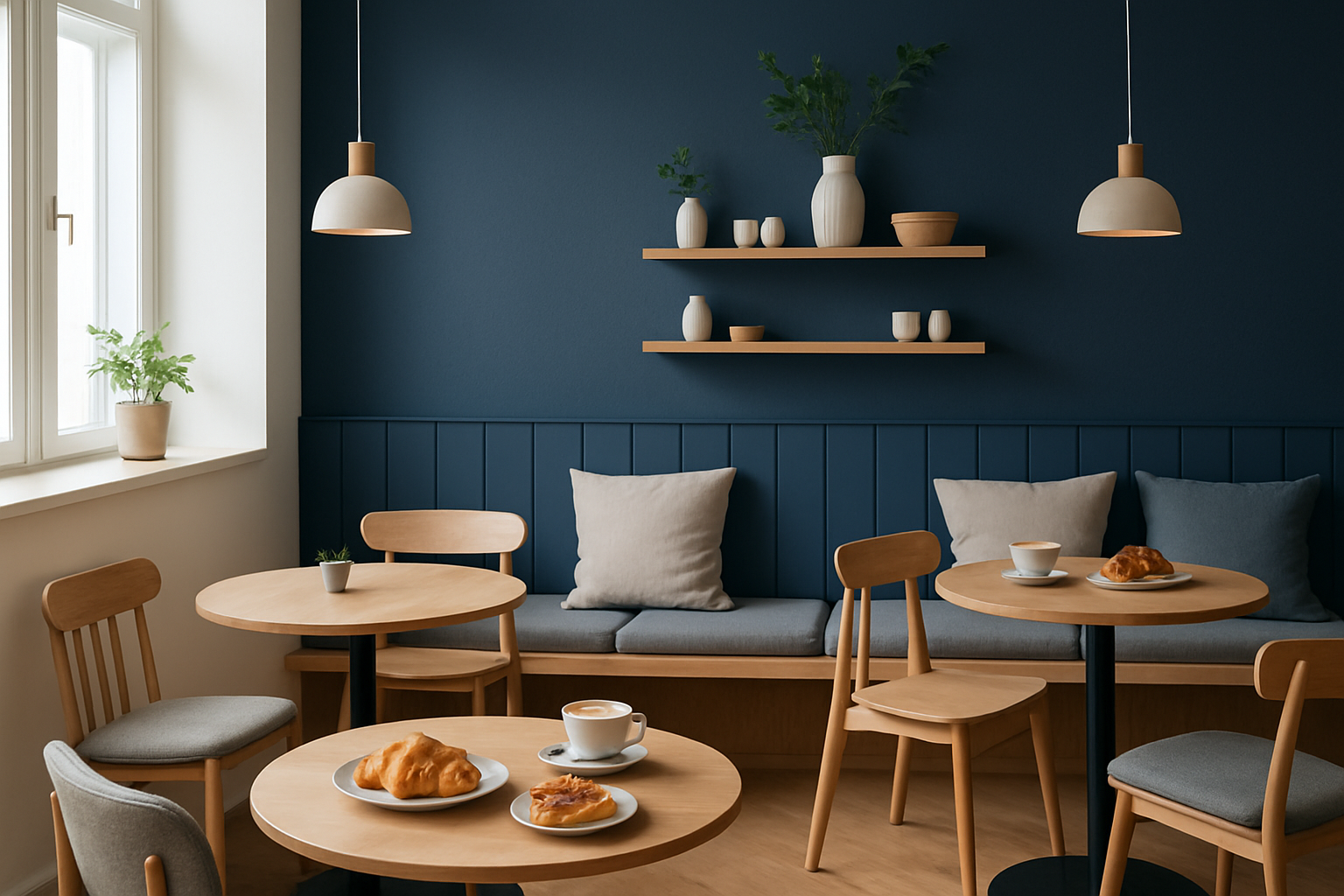 Cozy Scandinavian-inspired cafe interior with soft natural light, deep navy and light wood tones, pastries and coffee on tables