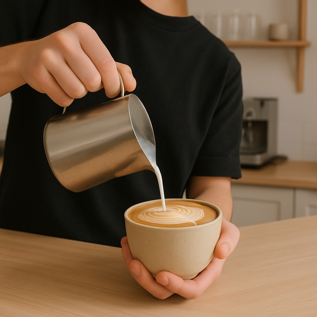 Barista hands crafting latte art in a ceramic cup on a wood counter