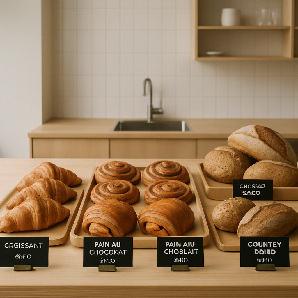 Assortment of fresh pastries and breads displayed on a light wood counter with baked goods labels