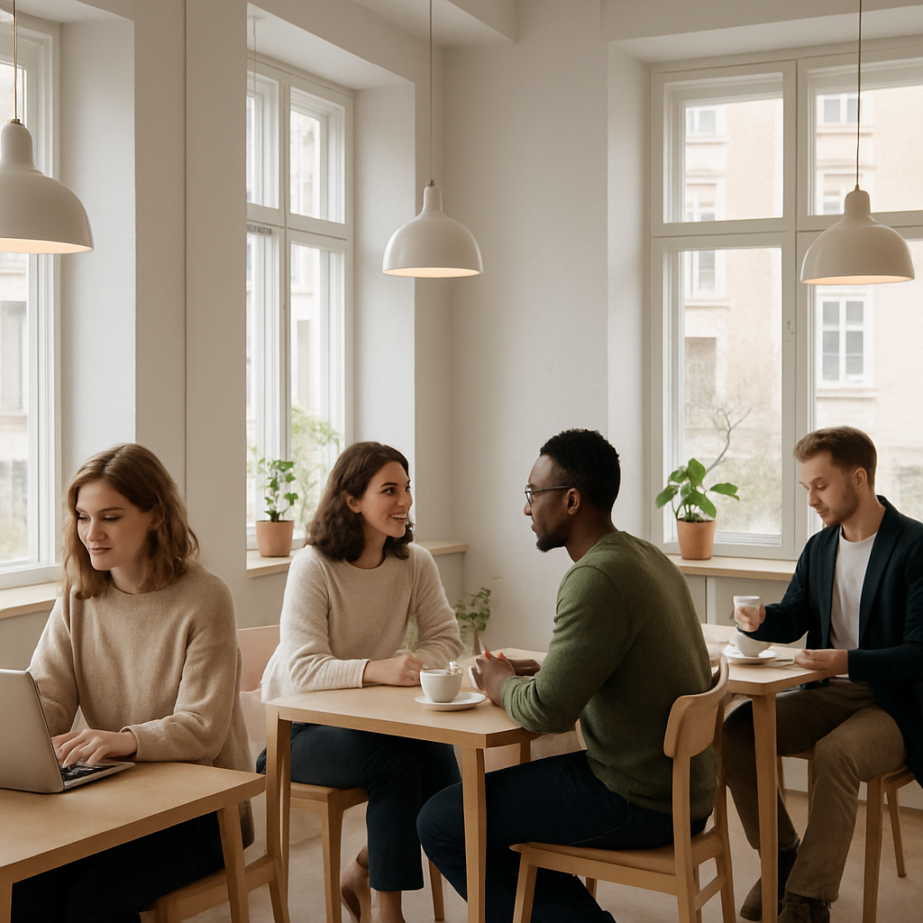 Guests working and chatting at minimalist tables beside large windows with natural light