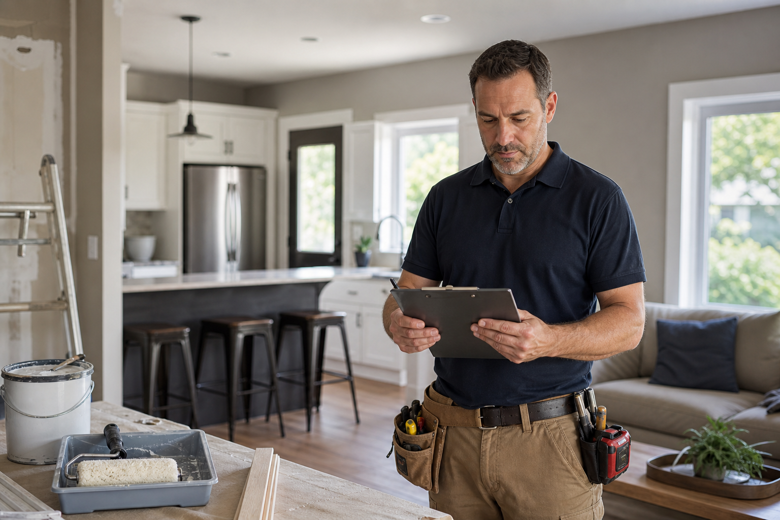 Realistic local remodeling and property improvement scene with a contractor reviewing a room renovation checklist in a clean, well-lit residential interior