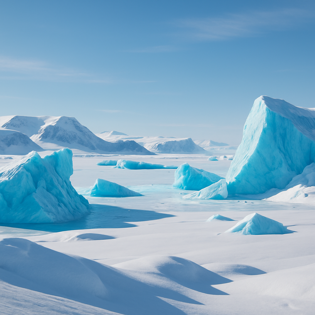 Vast Antarctic landscape with blue icebergs and snow under a clear sky