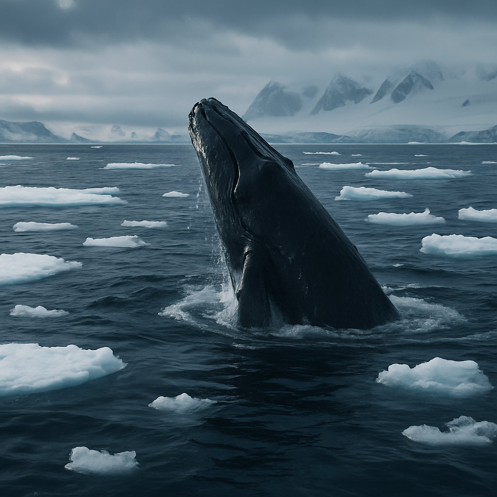 Majestic whale surfacing in Antarctic waters amid floating sea ice