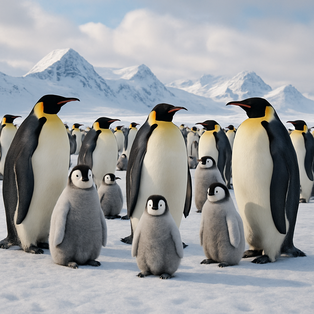 Colony of emperor penguins on the ice with snow-capped mountains in background