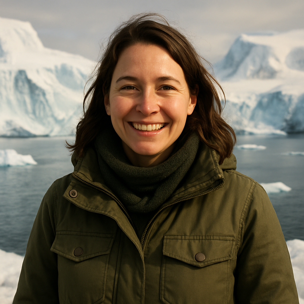 Sophia Williams smiling warmly with Antarctic landscape