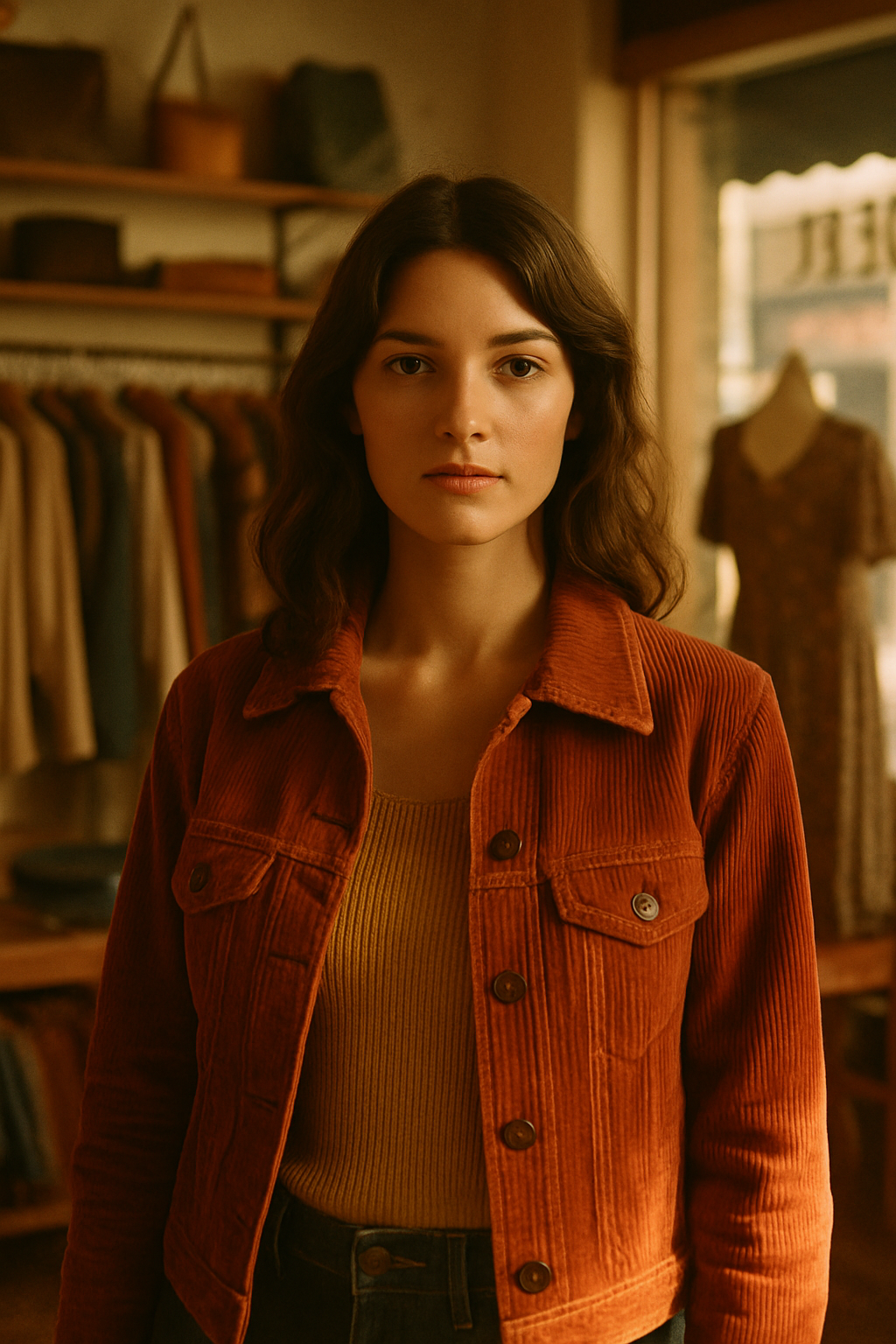 Editorial portrait of a stylish model wearing a rust corduroy jacket and mustard knit top in a warm sunlit vintage boutique
