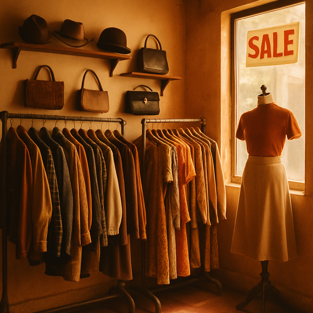 Warm film photograph of a curated vintage boutique interior with 70s and 80s clothing racks, sun-faded textures, and amber light