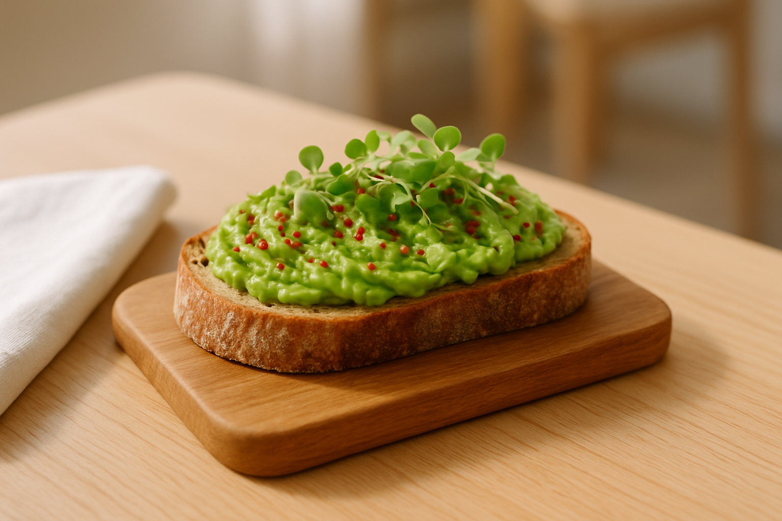 Avocado toast on thick sourdough bread with chili flakes and microgreens on a wooden board