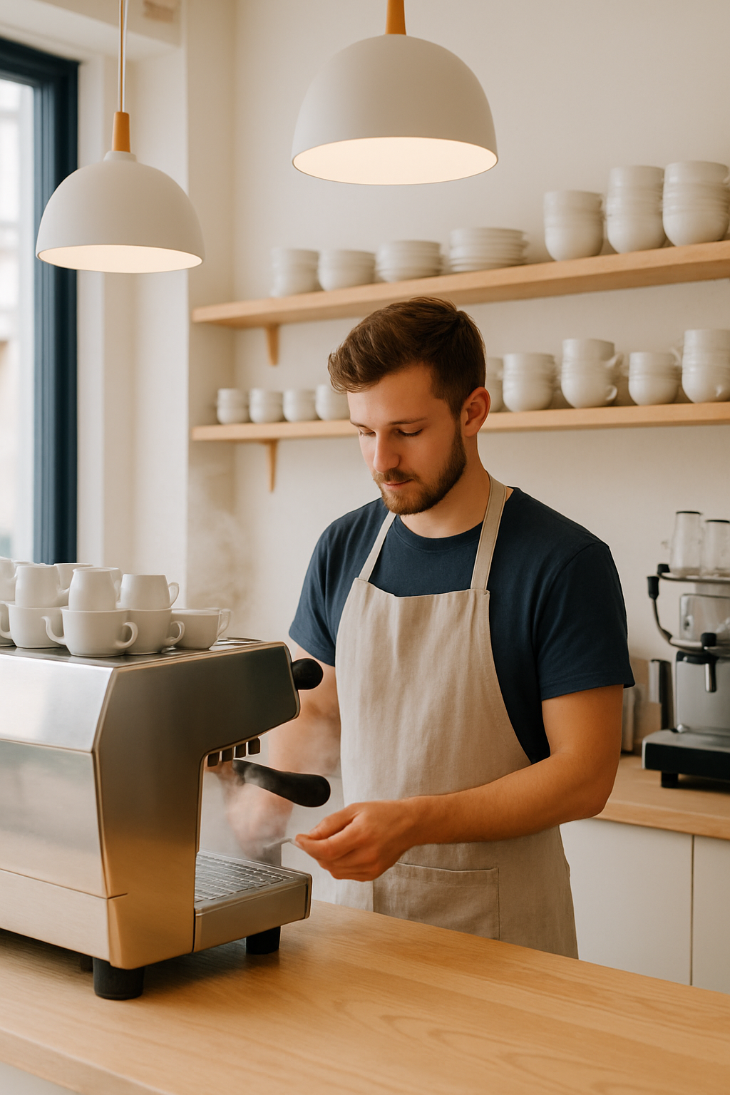 Barista working behind a light wood counter with espresso machine
