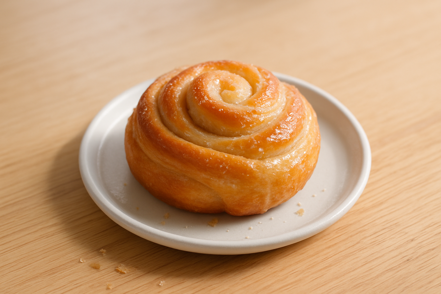 A golden cardamom morning bun with sugar glaze on a small white plate