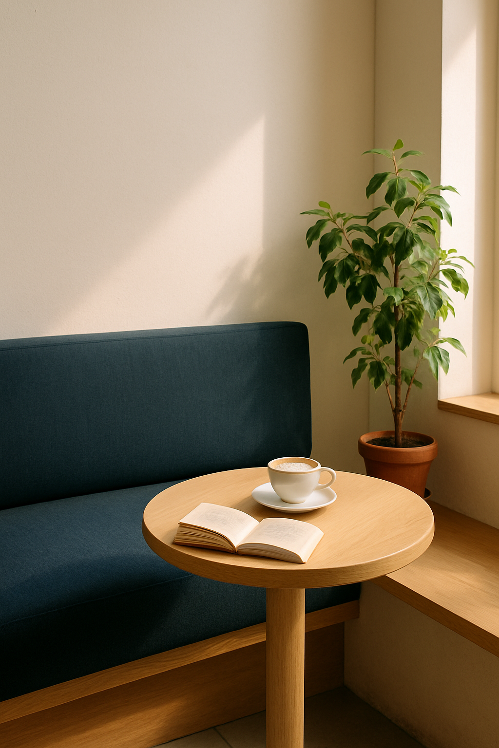 Warm cafe corner with cushioned bench and natural light
