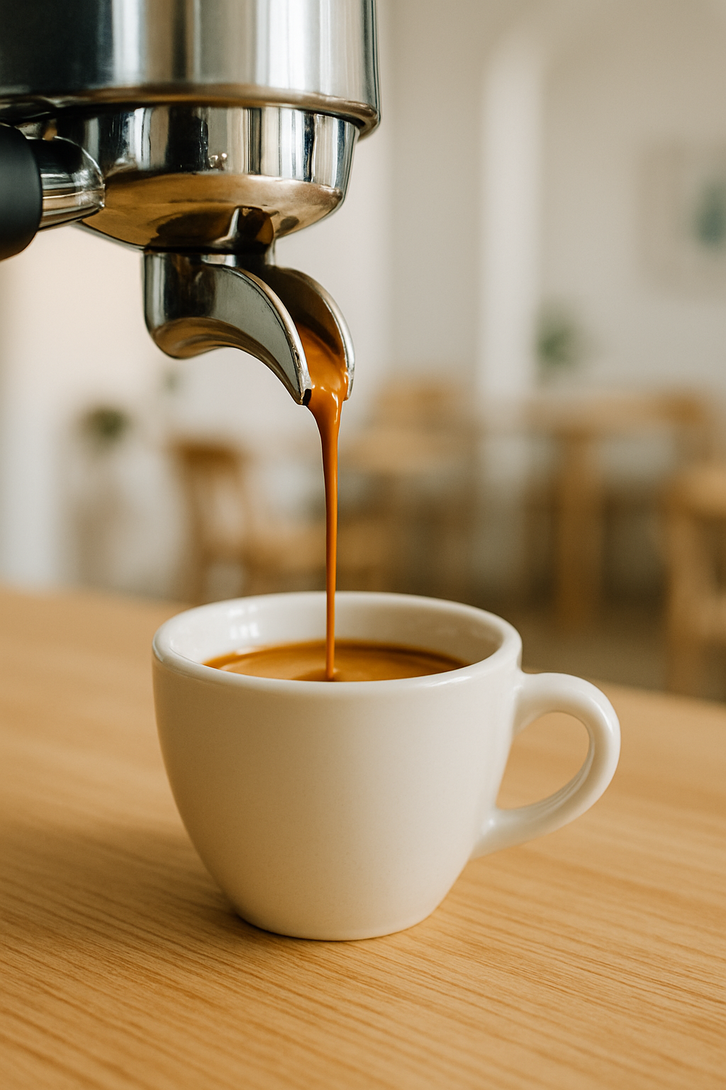 Golden espresso pouring into a ceramic cup