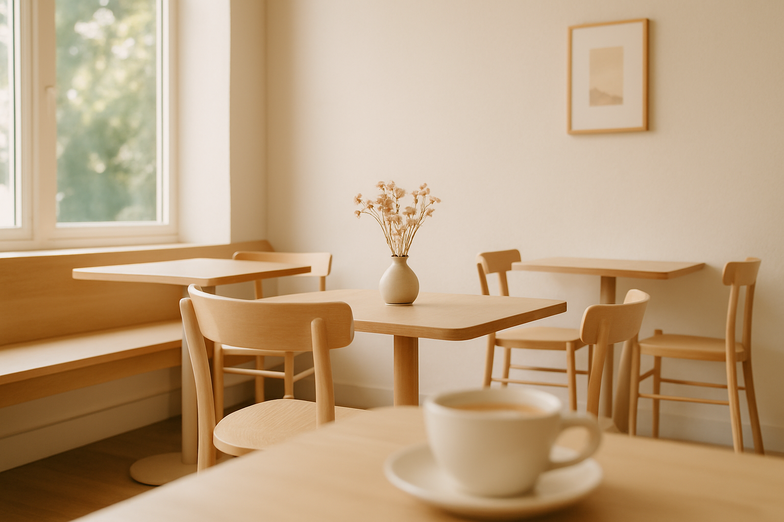 Cozy Scandinavian cafe interior with warm light wood tables, soft daylight, and minimalist decor