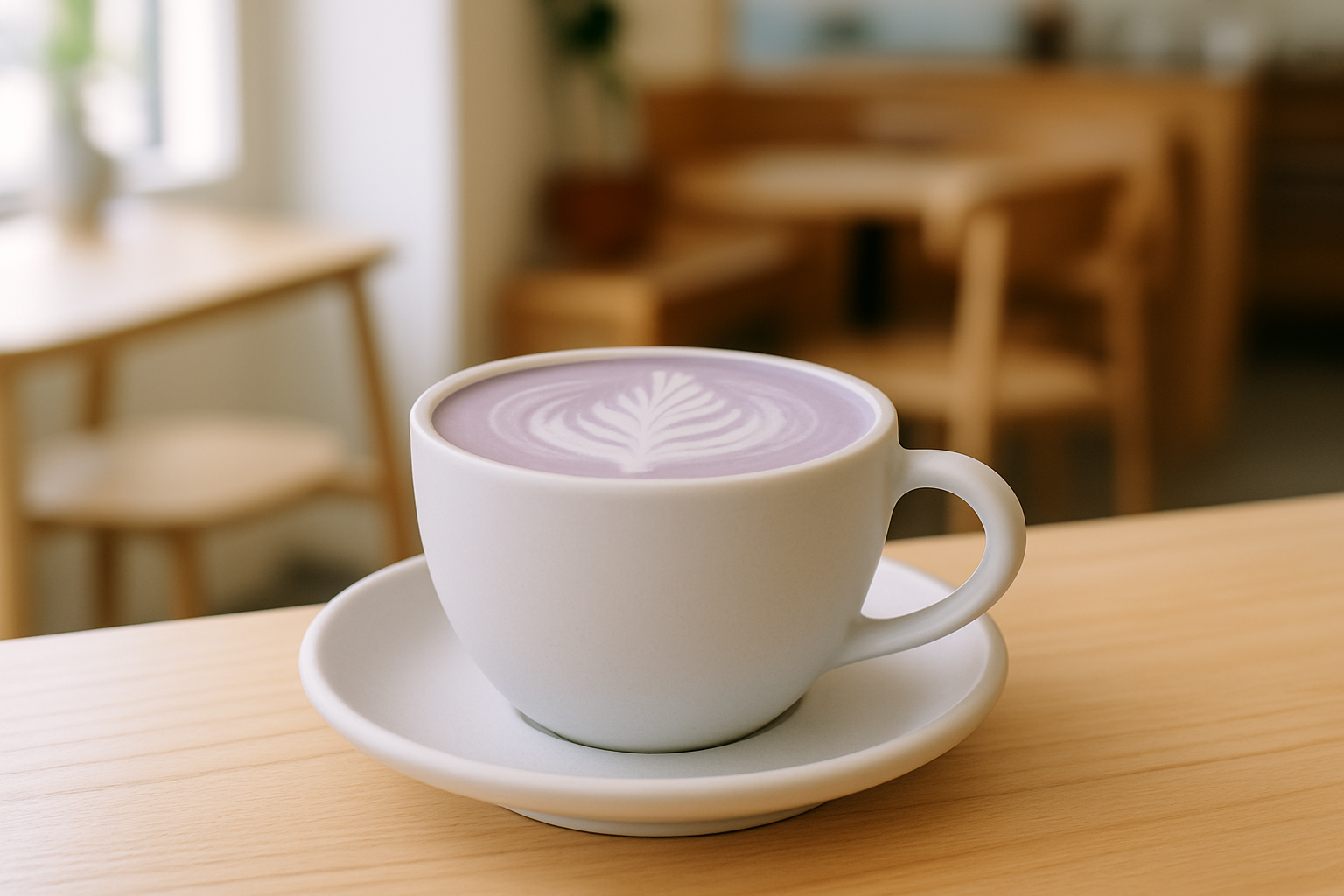 A pale purple lavender oat milk latte in a ceramic cup on a light wood counter