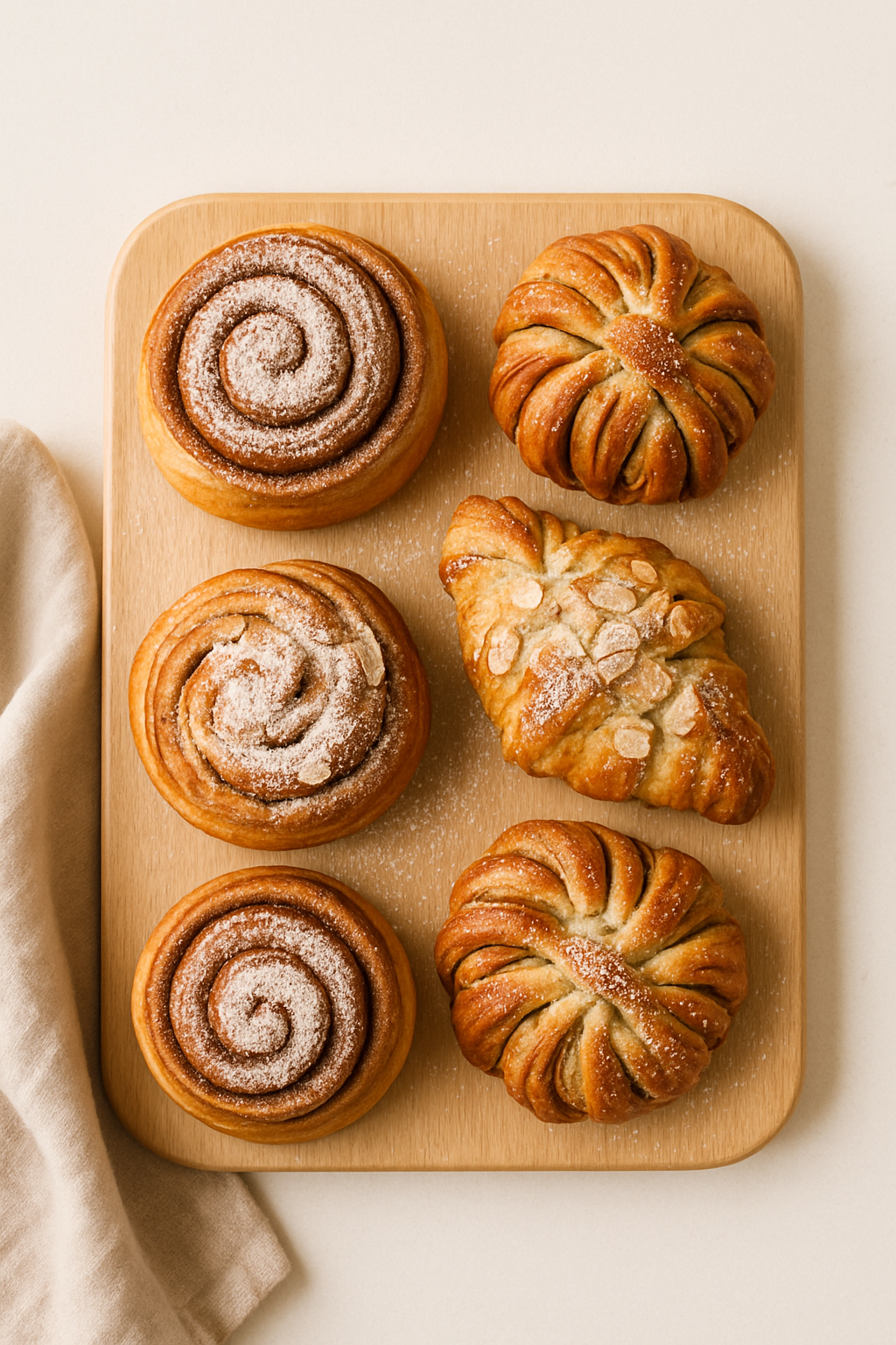Assorted pastries arranged on a wooden tray
