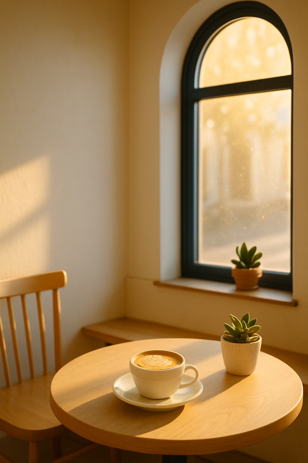 Sunlight streaming through large cafe window onto a table with latte