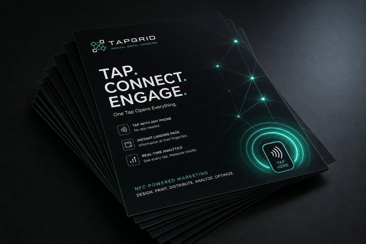 Stack of sleek black NFC-enabled flyers with teal signal glow and minimalist branding