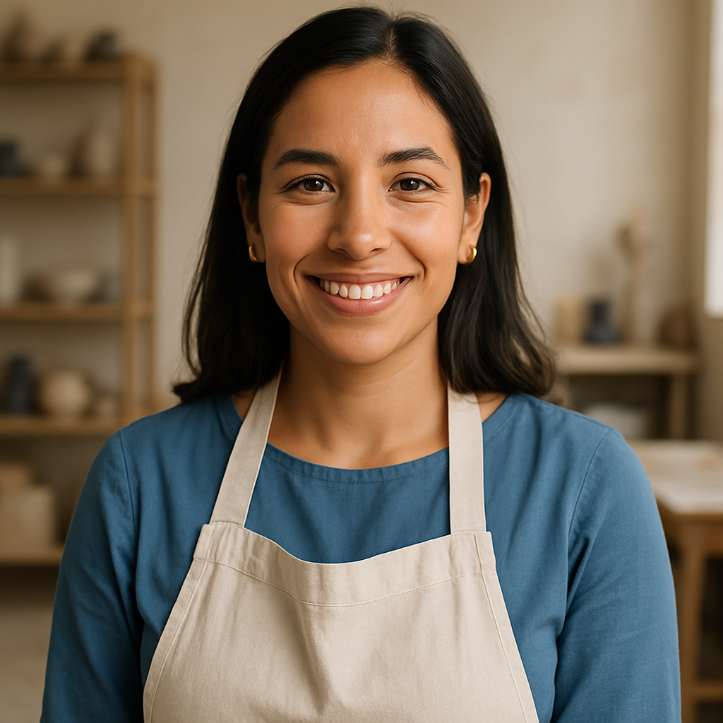 Emprendedora sonriente con delantal en su taller