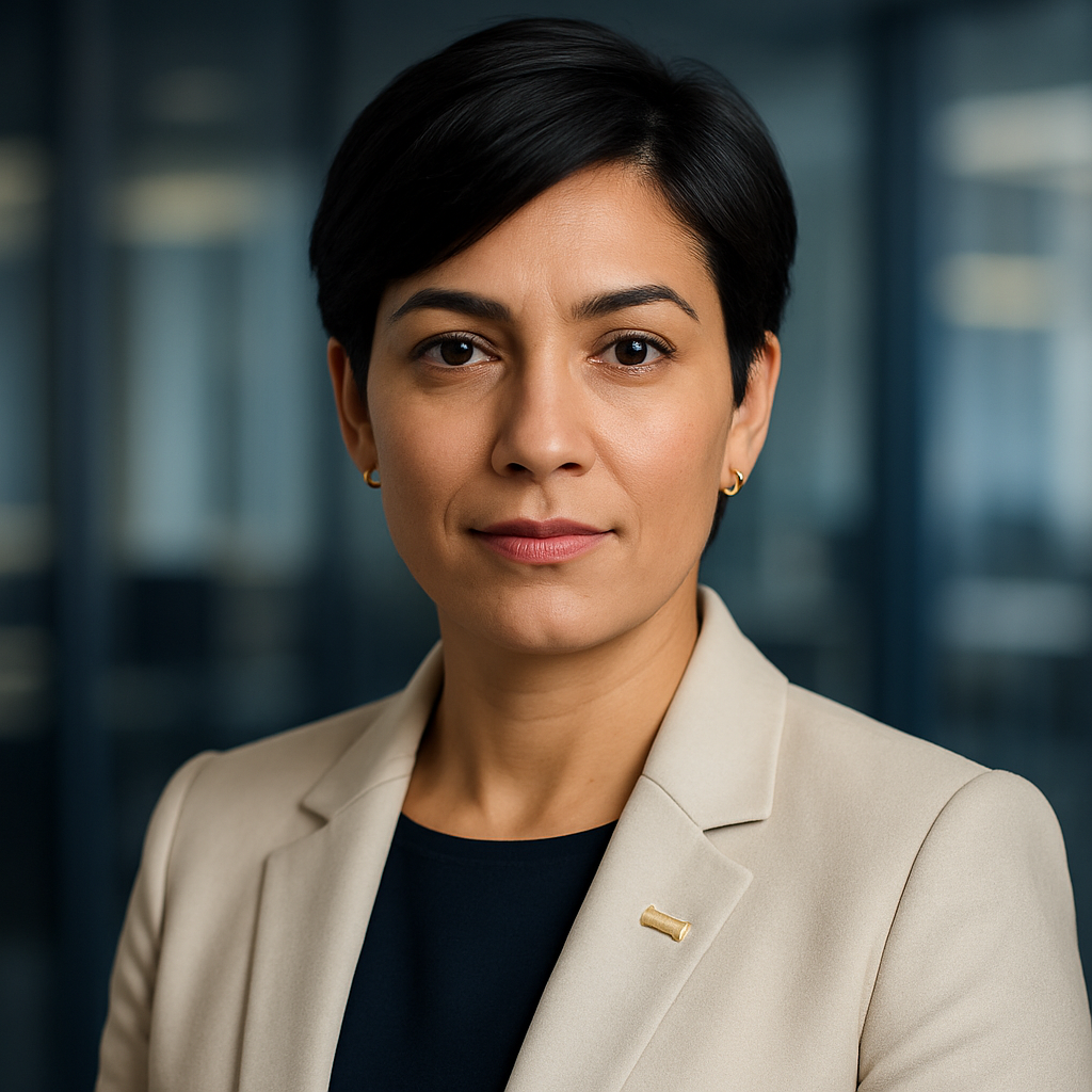 Ejecutiva de logística con cabello oscuro corto y blazer claro