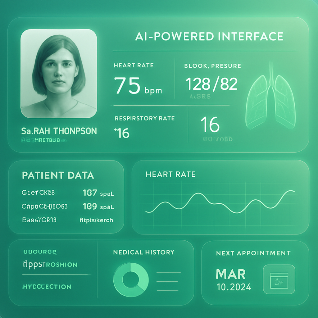 AI-powered interface with patient data, futuristic digital design, soothing green and white tones, trustworthy and high-tech feel