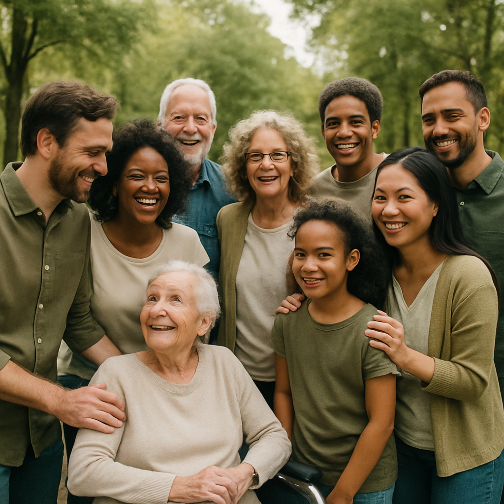 Multigenerational diverse community gathering outdoors, supportive and vibrant, natural daylight, neutral and green palette, uplifting and inclusive photography