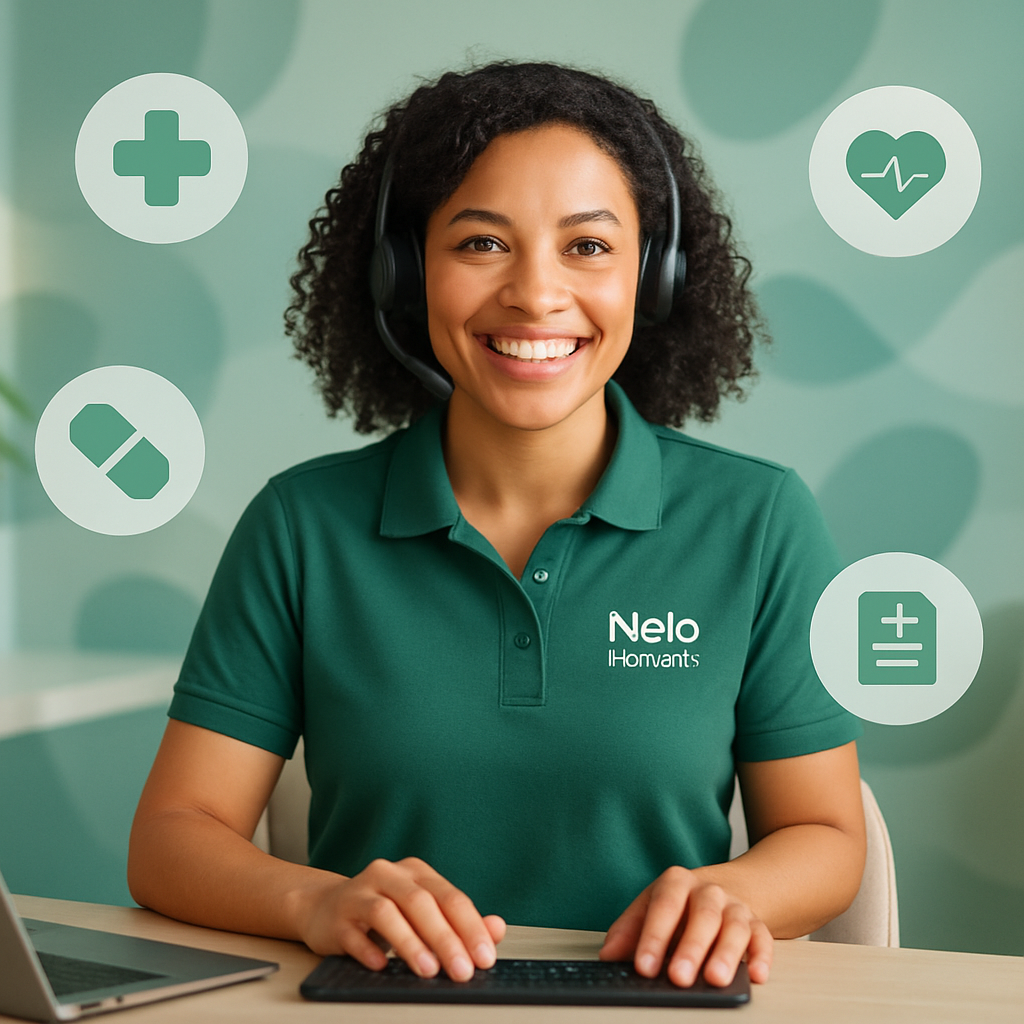 Friendly Nelo Health support representative with digital healthcare icons, modern and welcoming style