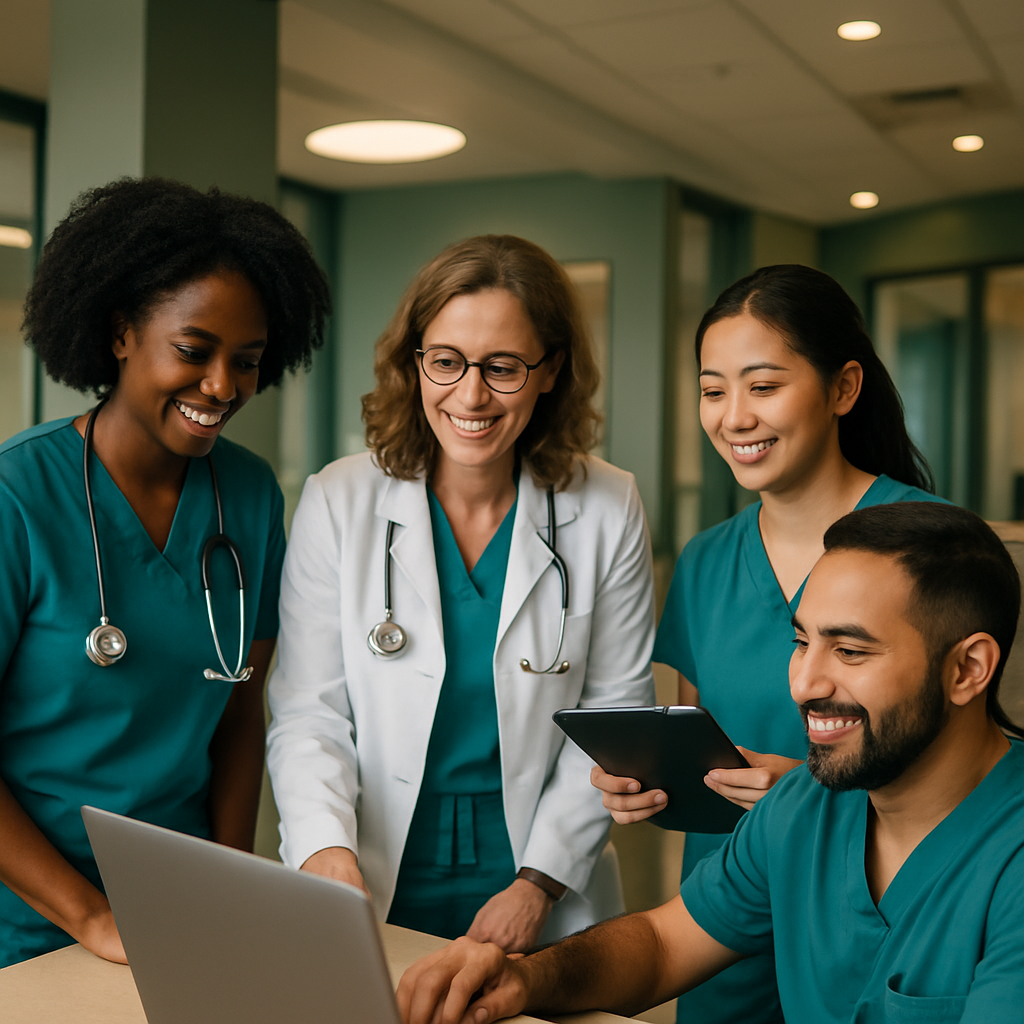Diverse healthcare professionals working together in a modern clinic, warm lighting, inclusive and welcoming mood, green and teal color palette, professional photography