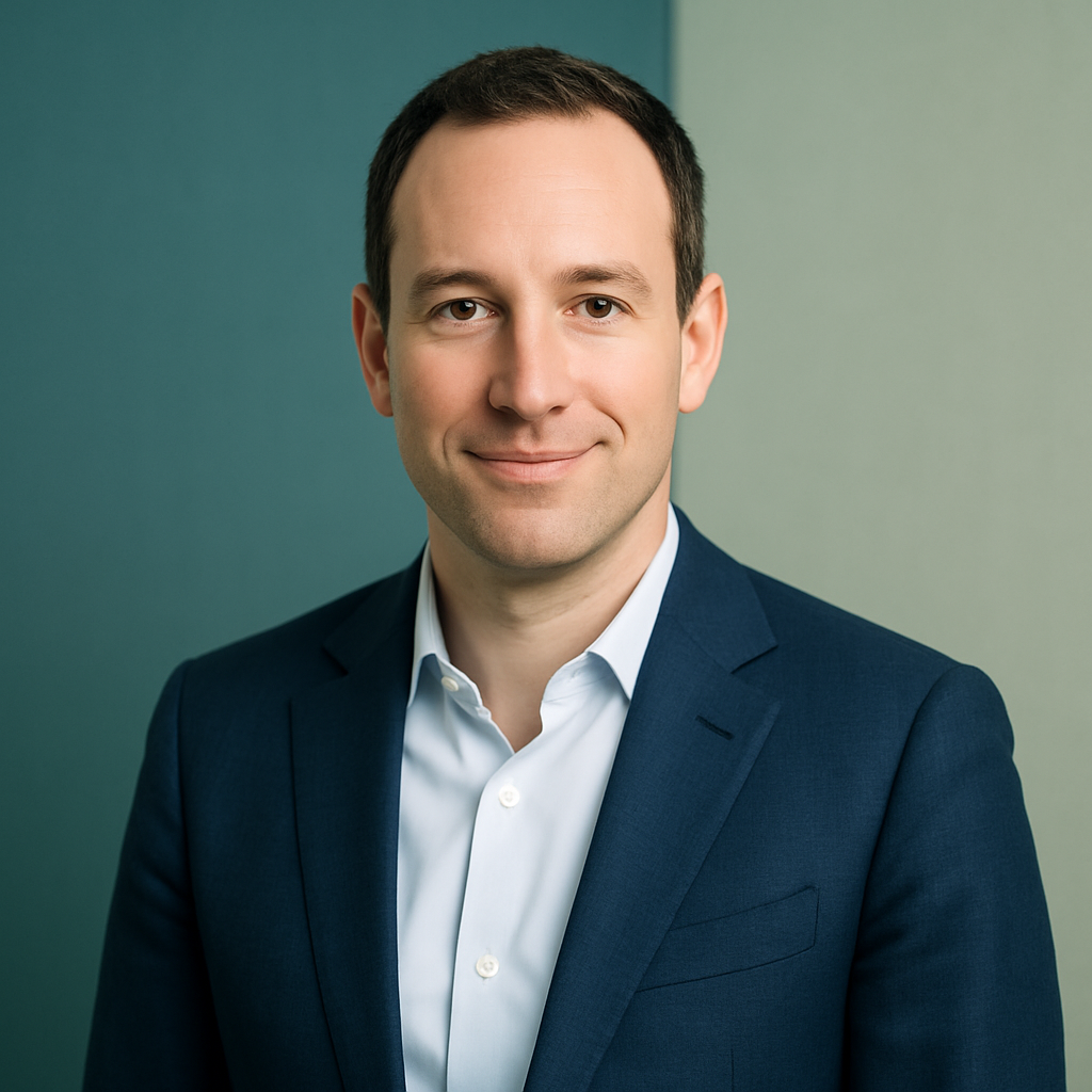 Portrait of Jordan Cooper, white man, tech executive, blue blazer, confident and approachable