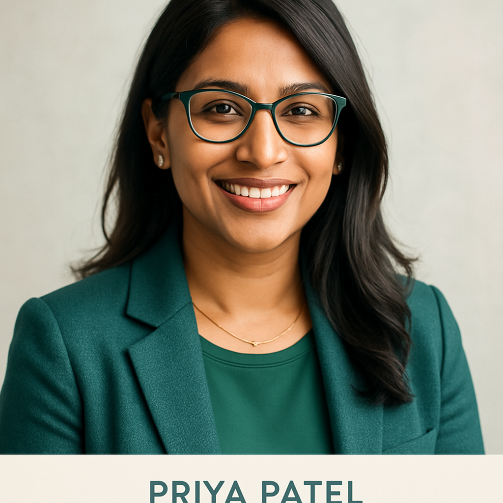 Portrait of Priya Patel, South Asian woman, tech leader, modern style, friendly and innovative vibe