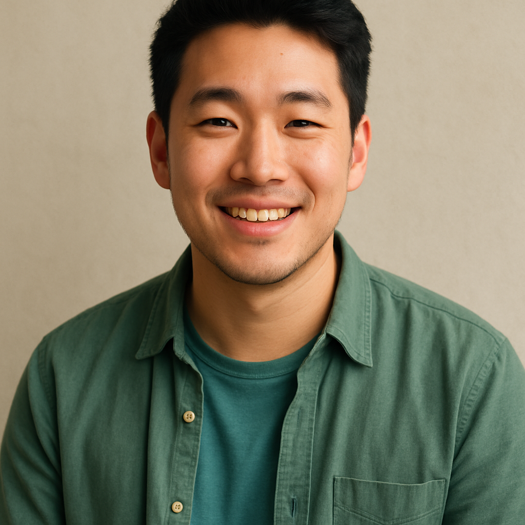 Portrait of Alex Lee, young Asian man, casual attire, warm friendly expression