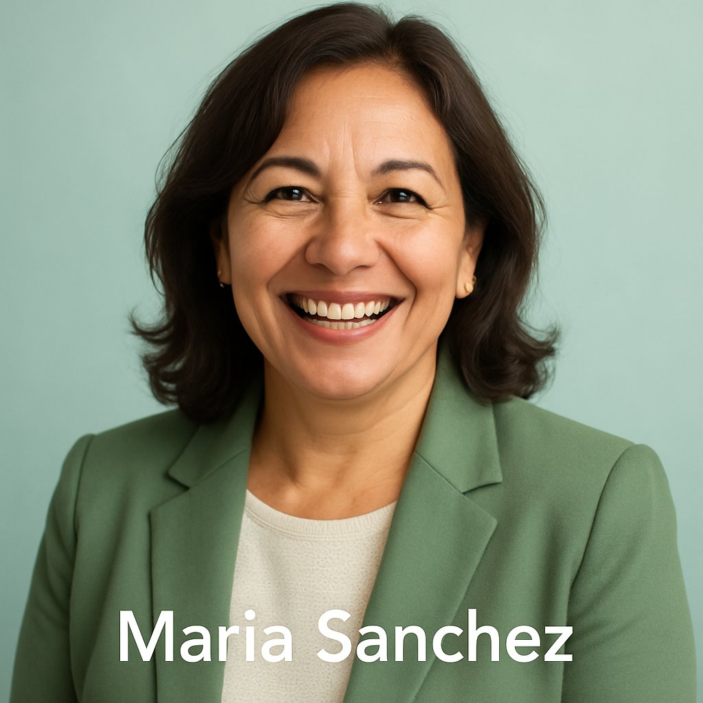 Portrait of Maria Sanchez, middle-aged Latina woman, joyful smile, light teal background