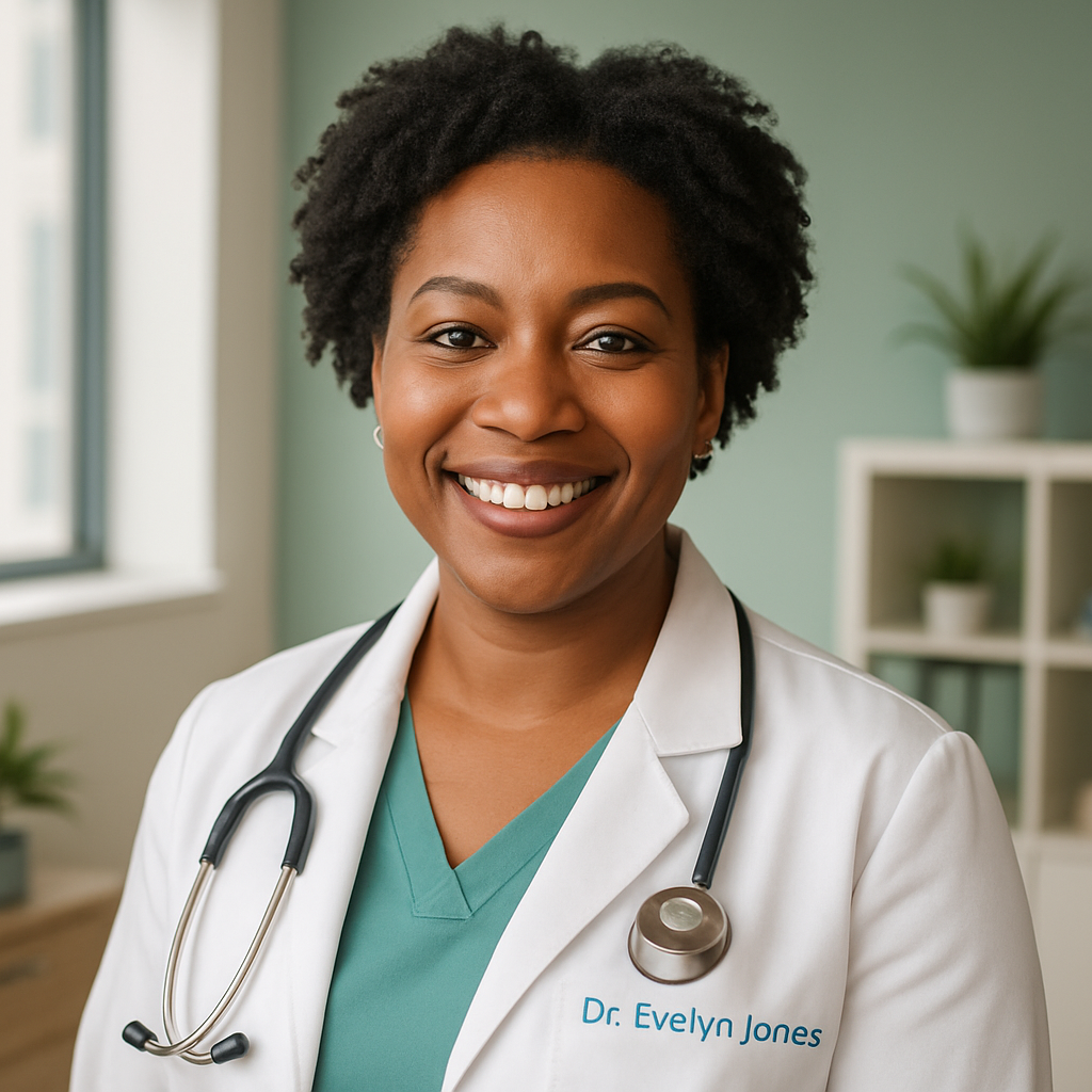 Portrait of Dr. Evelyn Jones, smiling Black woman healthcare provider, modern office background