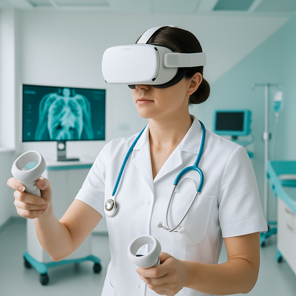 Clinician using VR headset for medical training in a bright tech-enabled space, clean and modern style, teal and neutral colors, innovative atmosphere