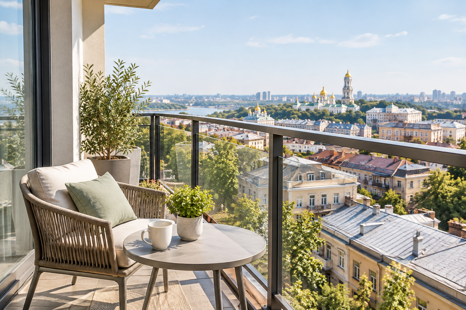 Sunlit apartment balcony overlooking Kyiv rooftops